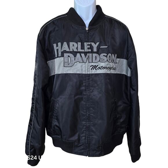 Vintage Harley Davidson Bomber Jacket Black Nylon Embroidered Motorcycle Men's L - Picture 1 of 10